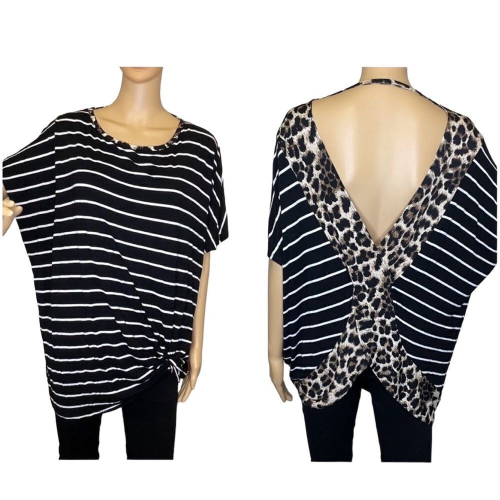 Coco Kelly Striped Blouse With Open Back Black White Leopard Detail Size 3X